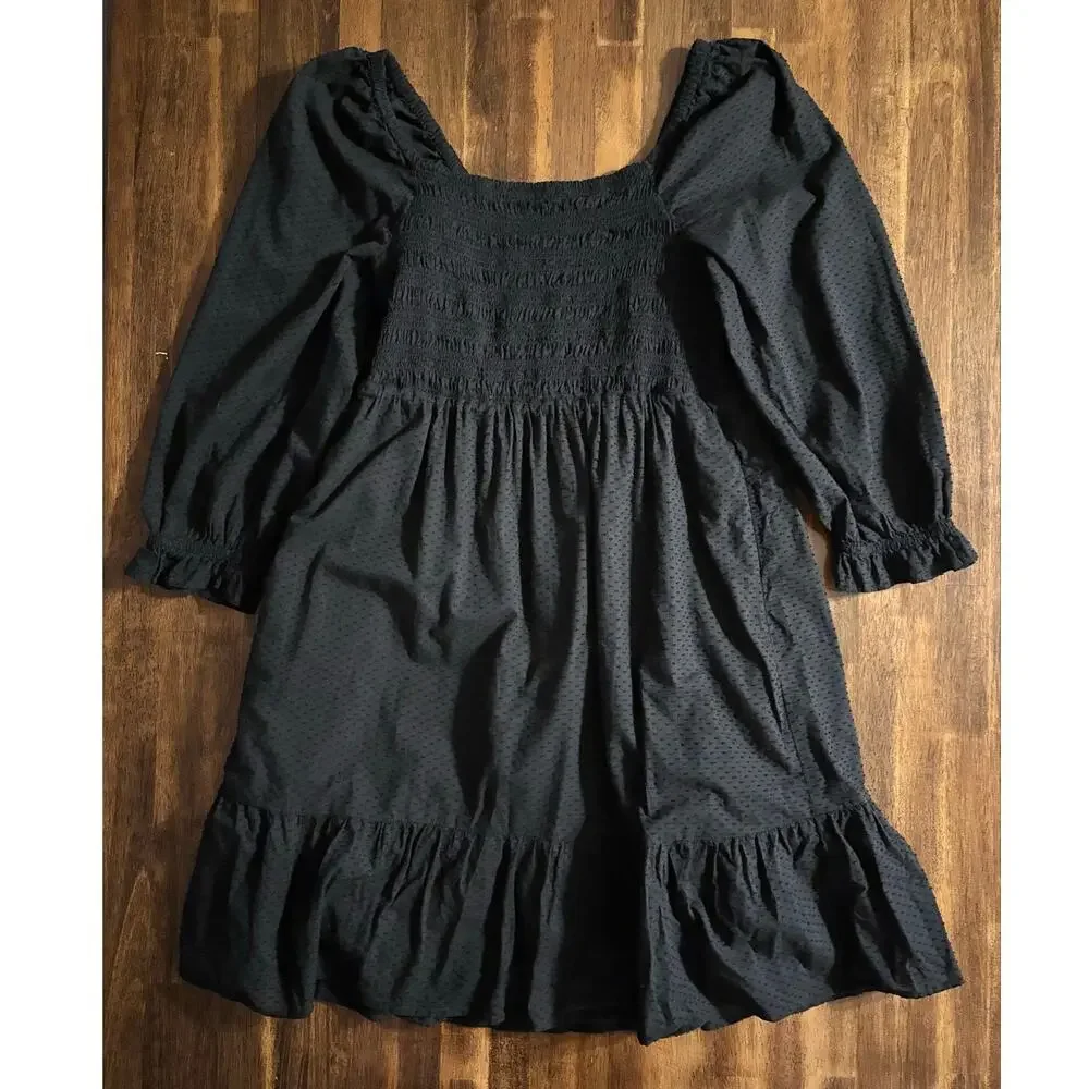 J Crew Women's Medium Dress Smocked Short Mini Puff Sleeve Square Neck Cotton